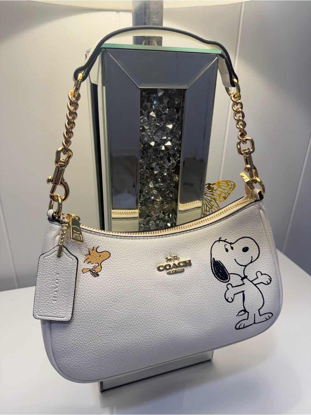 Coach White Leather Snoopy & Woodstock Chain-Handle Shoulder Bag